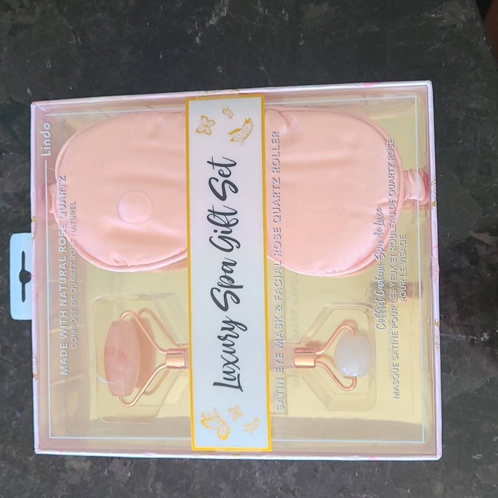 Satin eye mask and facial rose quartz roller